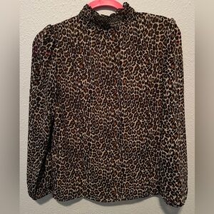 J. Crew XXS Brown Black Leopard  Blouse Top Ruffle Neck Chiffon Lined